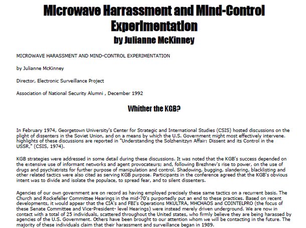 Microwave Harassment and Mind-Control Experimentation, by Julianne McKinney December 1992 [links to 1992_mckinney_mind_control_report.pdf]