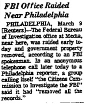 FBI Offce Raided Near Philadelphia: March 9, 1970 news story.