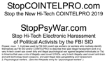 StopCOINTELPRO.com 2019 business cards, mini-poster, and posterboard poster [image,links to pdfs]]